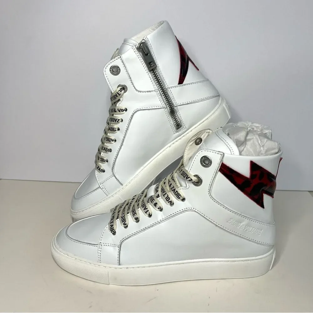 Zadig and Voltaire High Flash Calfskin Sneakers, Red‎ Lightening Bolt, 7, NIB - Picture 6 of 15